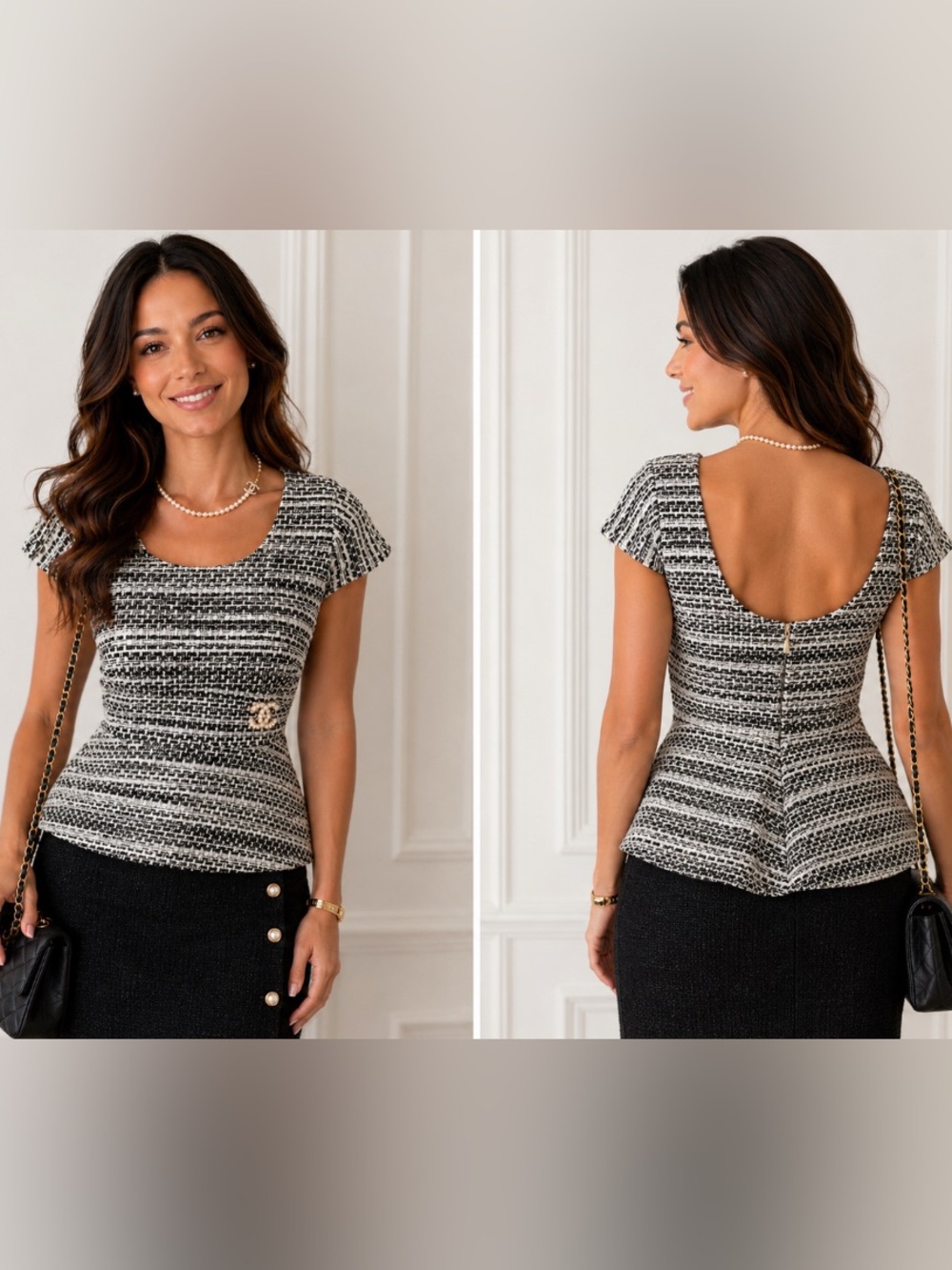 Anna Victoria Textured Tweed Peplum Top | Size M